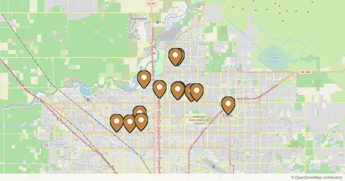 Map of 14 med spas and aesthetic clinics in Fresno, California