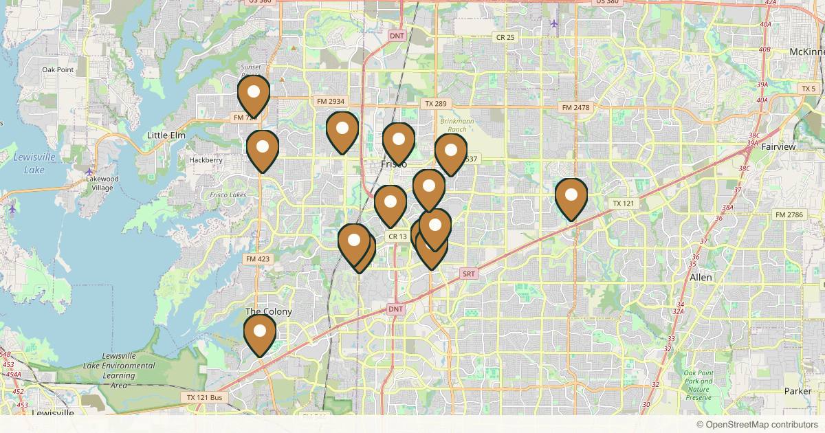 Map of 14 med spas and aesthetic clinics in Frisco, Texas
