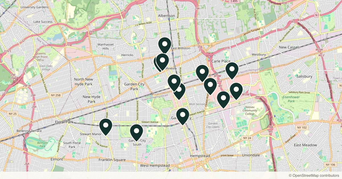 Map of 13 med spas and aesthetic clinics in Garden City, New York