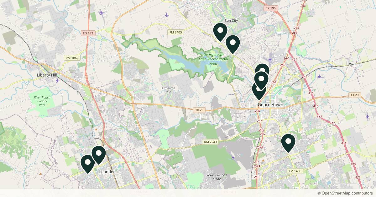 Map of 8 med spas and aesthetic clinics in Georgetown, Texas