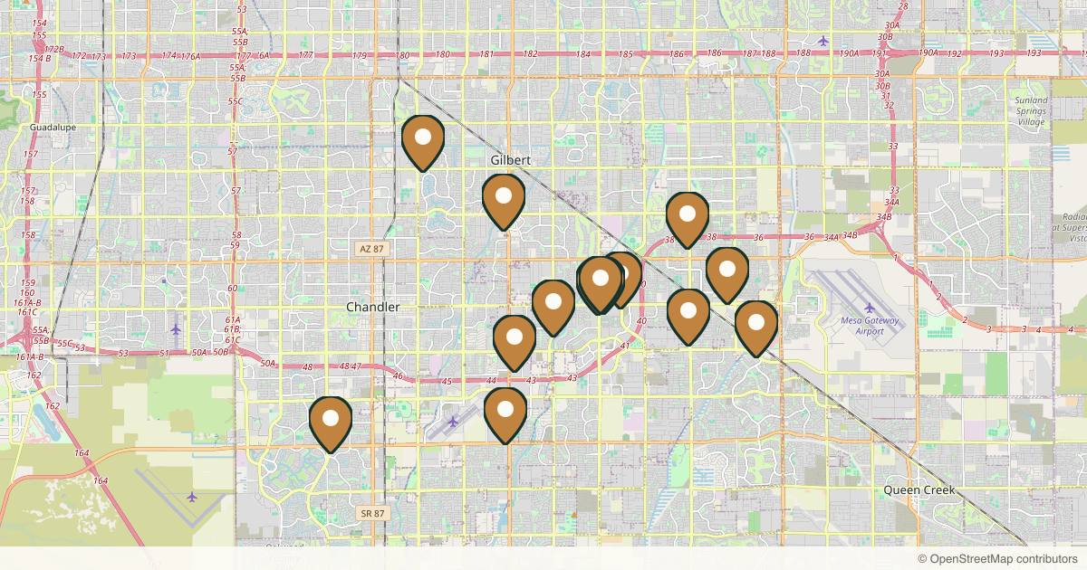 Map of 14 med spas and aesthetic clinics in Gilbert, Arizona