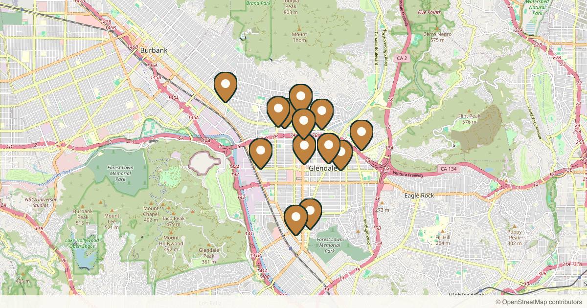 Map of 14 med spas and aesthetic clinics in Glendale, California
