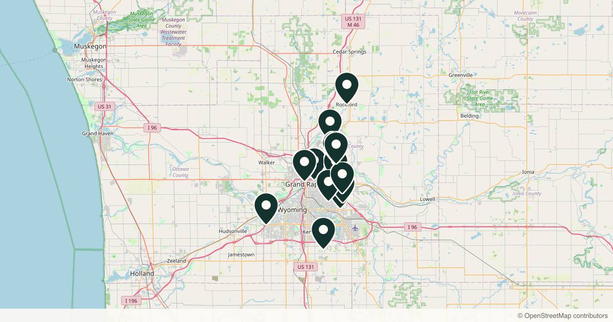 Map of 14 med spas and aesthetic clinics in Grand Rapids, Michigan