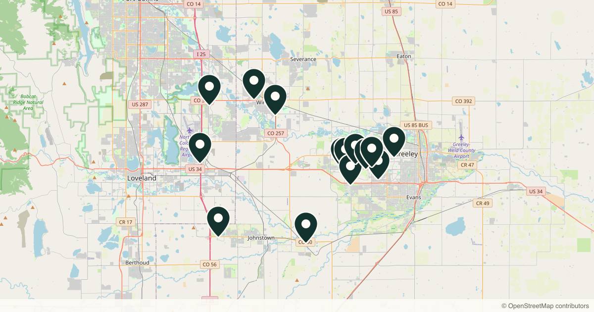 Map of 14 med spas and aesthetic clinics in Greeley, Colorado