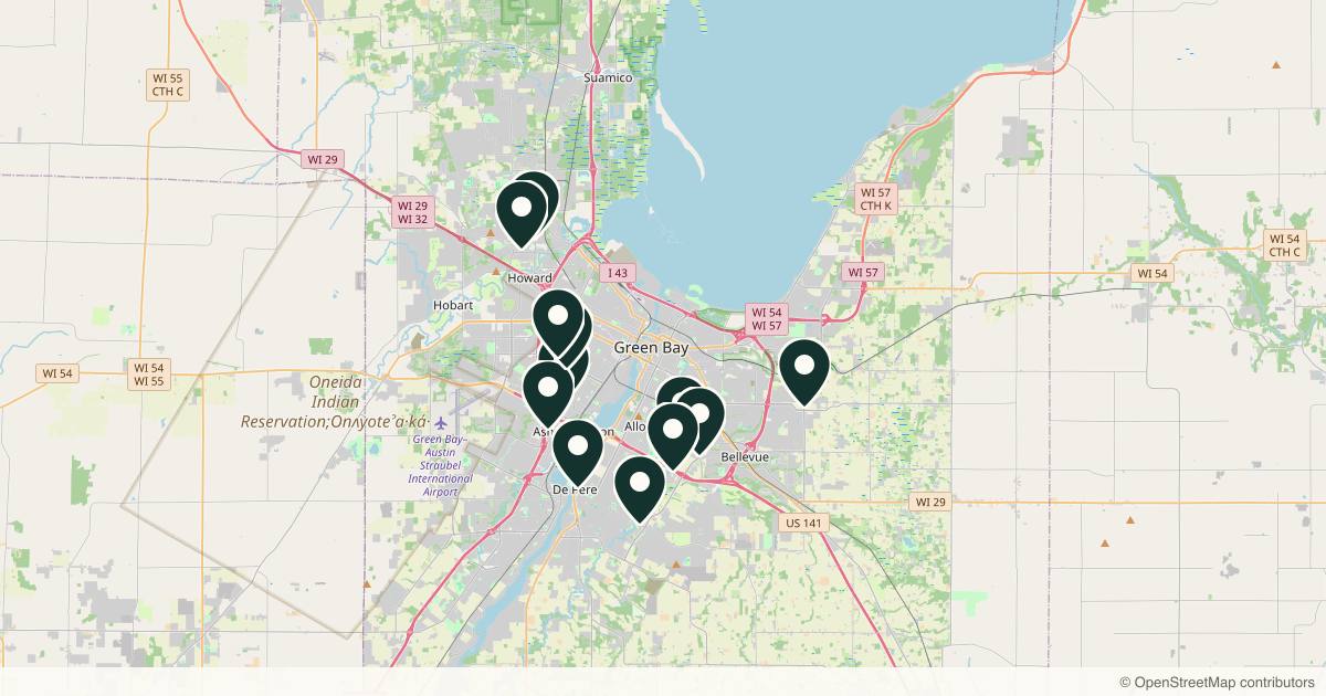 Map of 14 med spas and aesthetic clinics in Green Bay, Wisconsin
