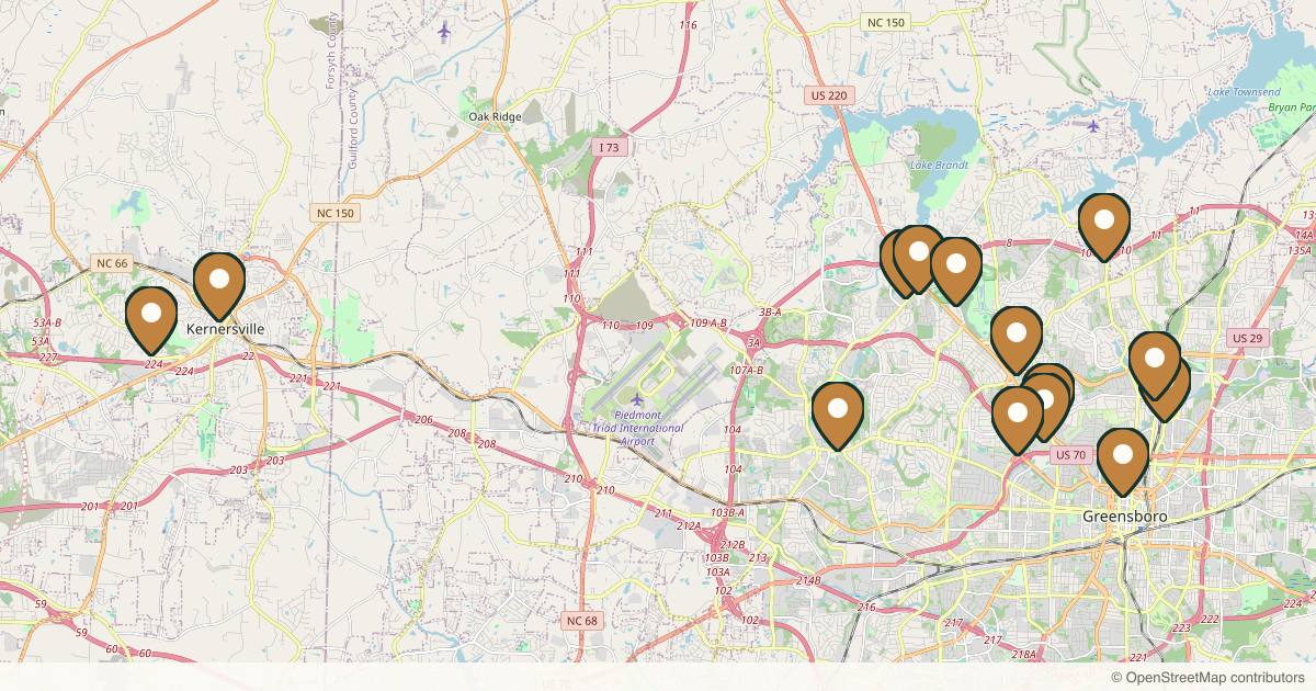 Map of 14 med spas and aesthetic clinics in Greensboro, North Carolina
