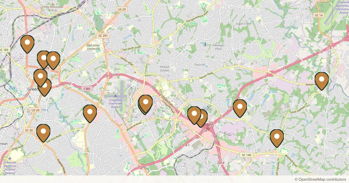Map of 14 med spas and aesthetic clinics in Greenville, South Carolina