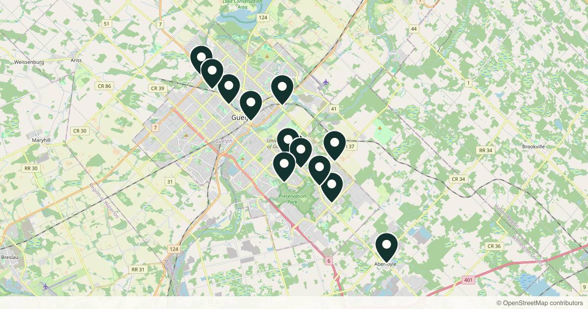 Map of 14 med spas and aesthetic clinics in Guelph, Ontario