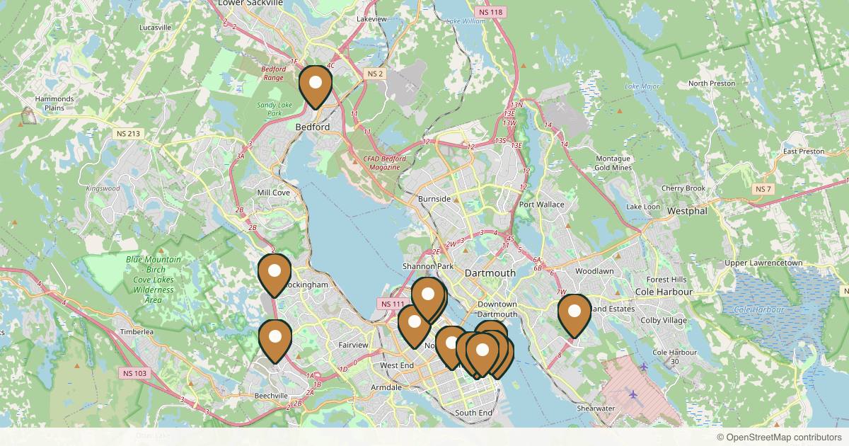 Map of 14 med spas and aesthetic clinics in Halifax, Nova Scotia