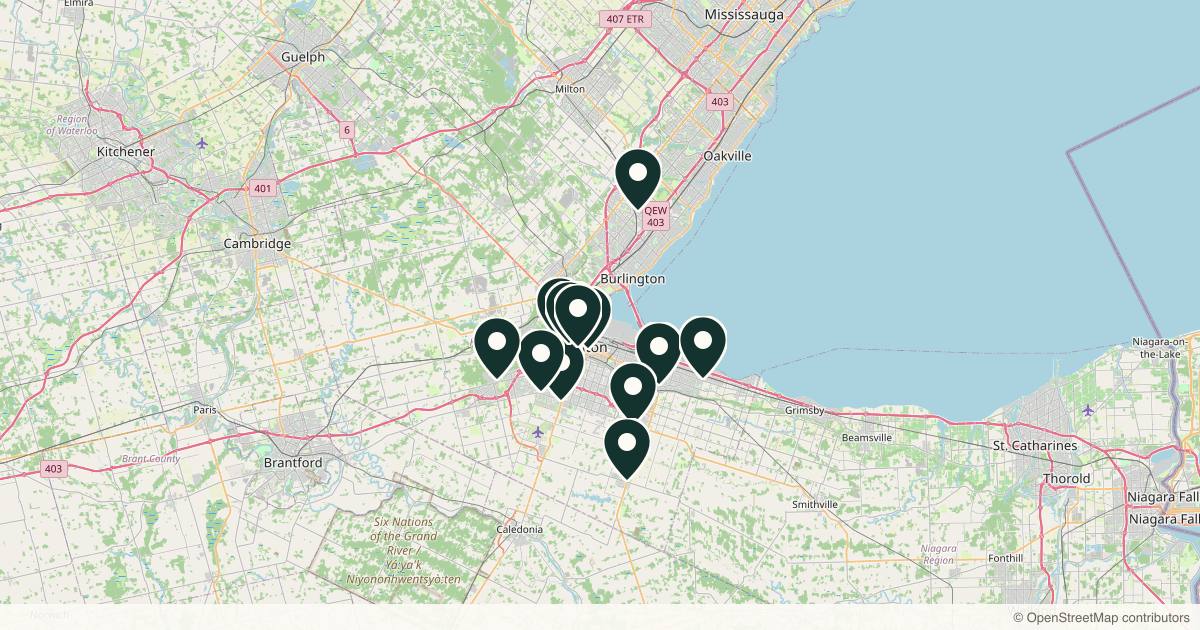 Map of 13 med spas and aesthetic clinics in Hamilton, Ontario