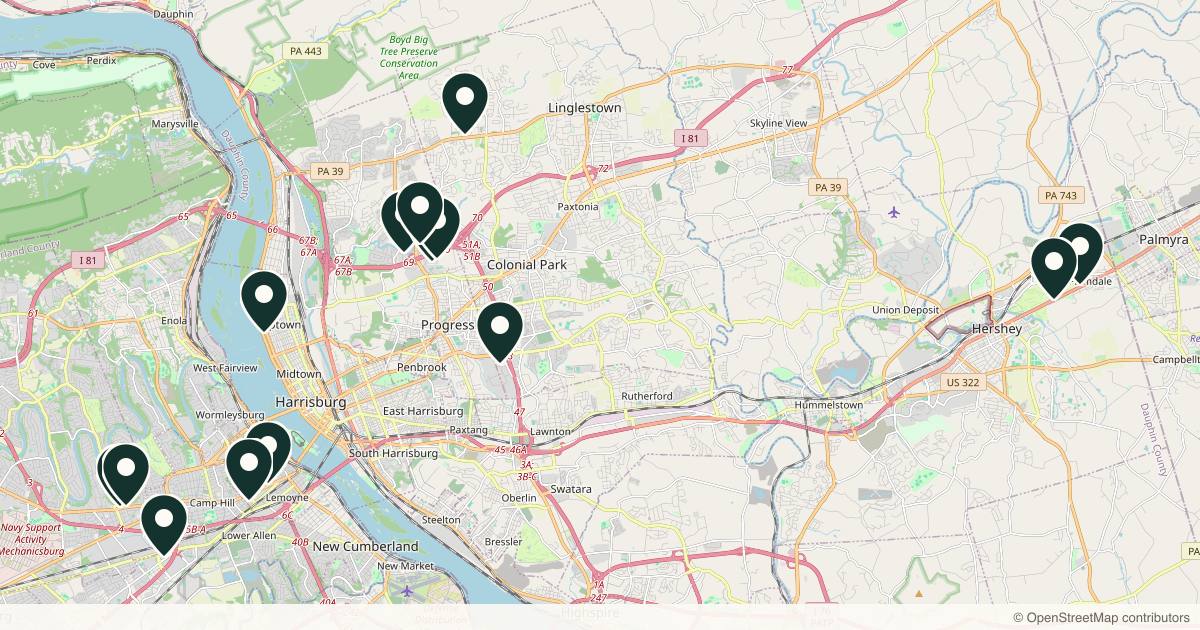 Map of 14 med spas and aesthetic clinics in Harrisburg, Pennsylvania