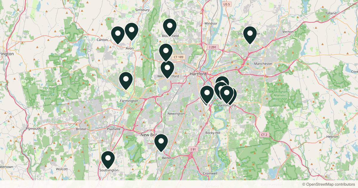 Map of 15 med spas and aesthetic clinics in Hartford, Connecticut