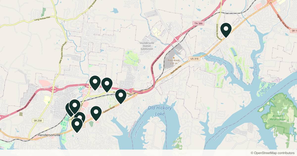 Map of med spas and aesthetic clinics in Hendersonville, Tennessee