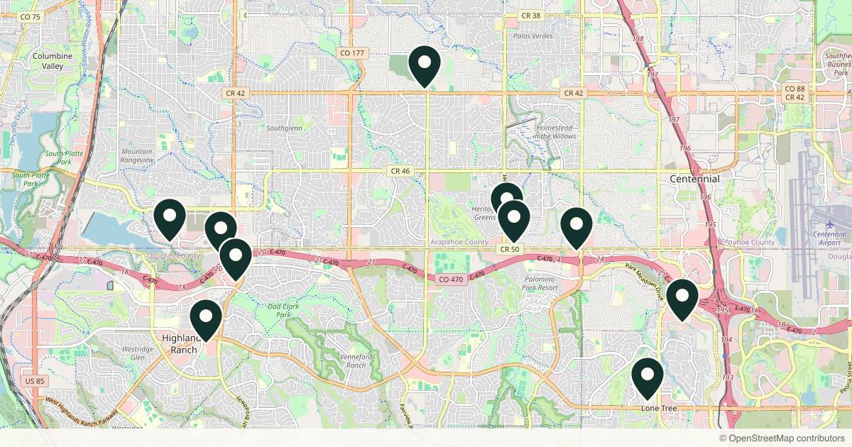 Map of 10 med spas and aesthetic clinics in Highlands Ranch, Colorado