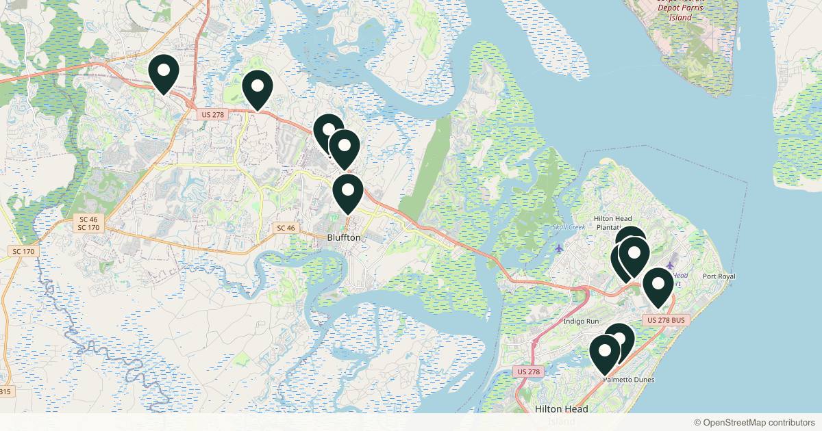 Map of 14 med spas and aesthetic clinics in Hilton Head Island, South Carolina