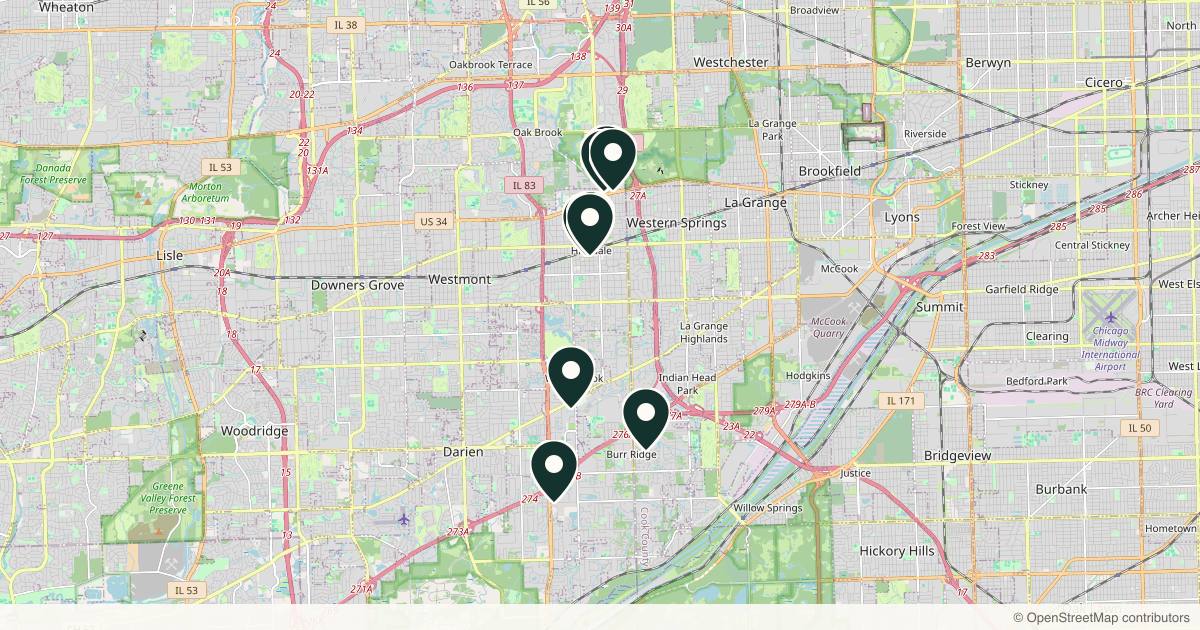 Map of 9 med spas and aesthetic clinics in Hinsdale, Illinois