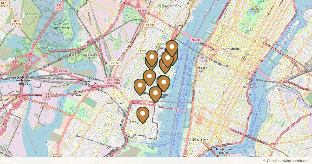 Map of 14 med spas and aesthetic clinics in Hoboken, New Jersey