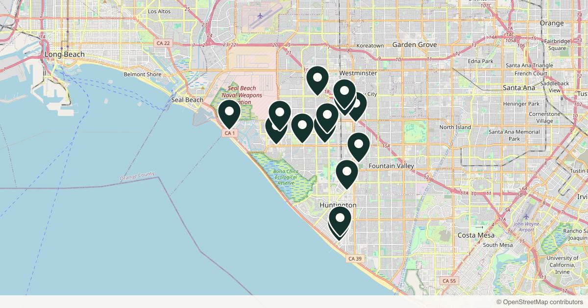 Map of med spas and aesthetic clinics in Huntington Beach, California