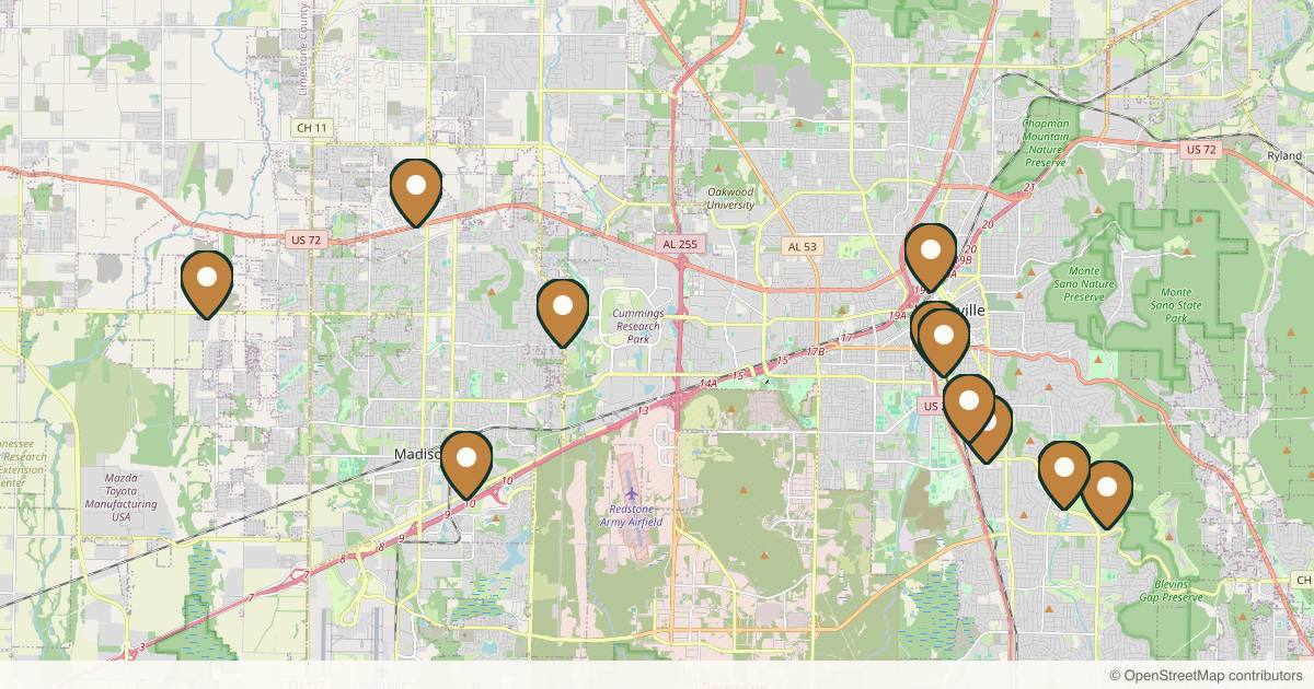 Map of 14 med spas and aesthetic clinics in Huntsville, Alabama
