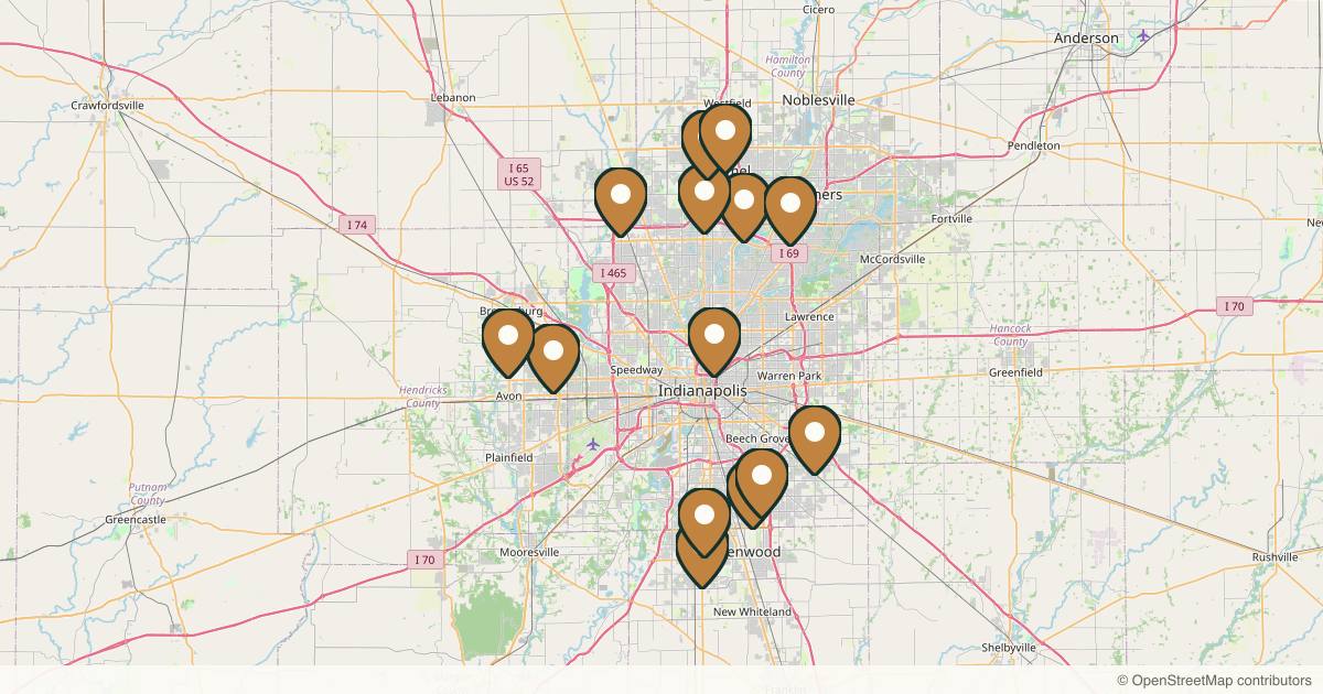 Map of 14 med spas and aesthetic clinics in Indianapolis, Indiana