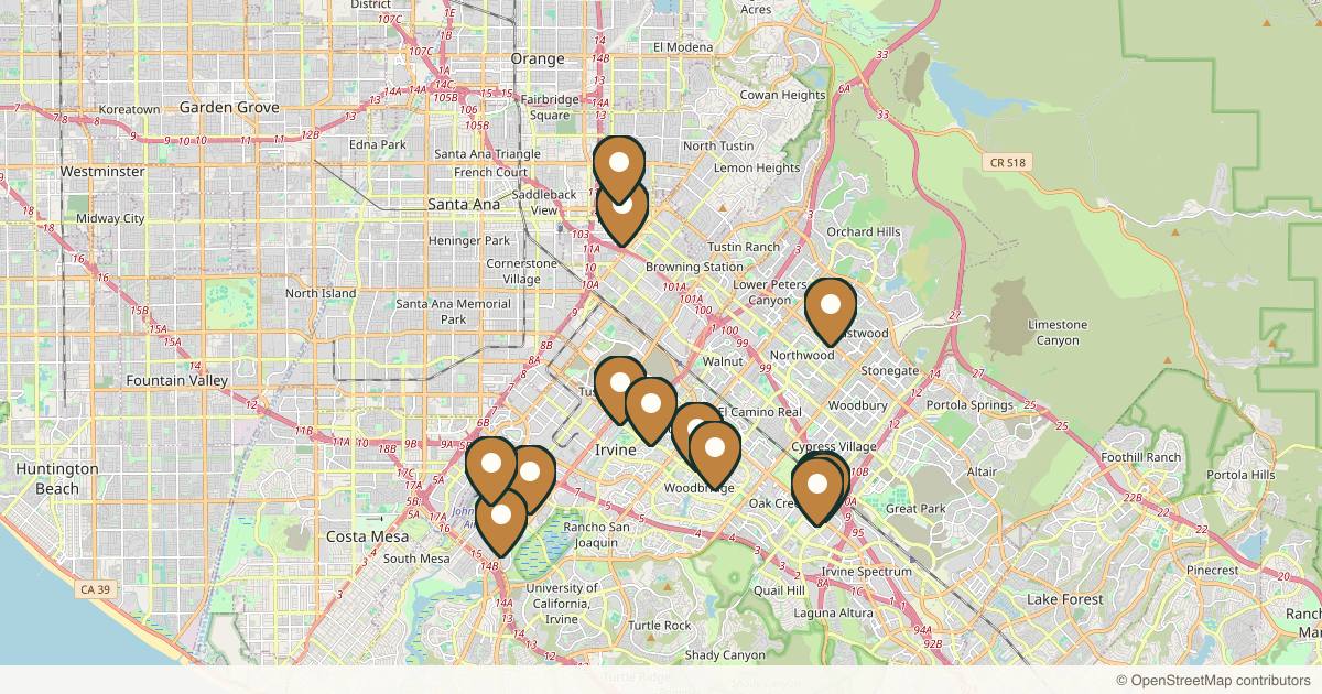 Map of 14 med spas and aesthetic clinics in Irvine, California