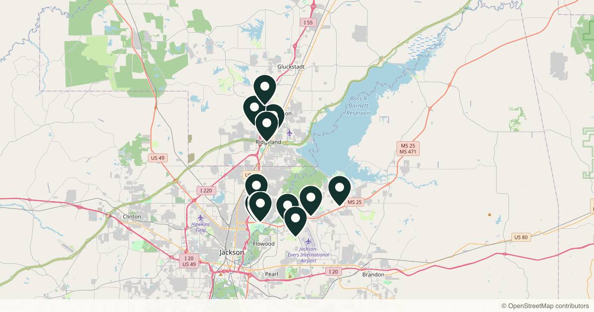 Map of 12 med spas and aesthetic clinics in Jackson, Mississippi