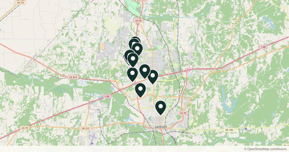 Map of 14 med spas and aesthetic clinics in Jackson, Tennessee
