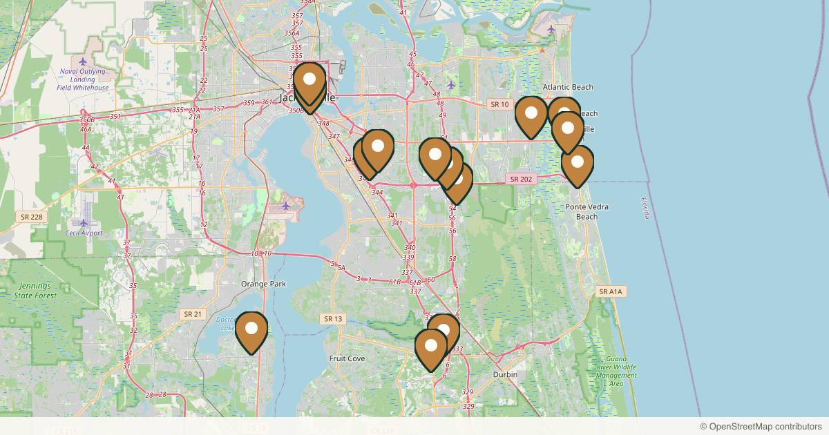 Map of 14 med spas and aesthetic clinics in Jacksonville, Florida