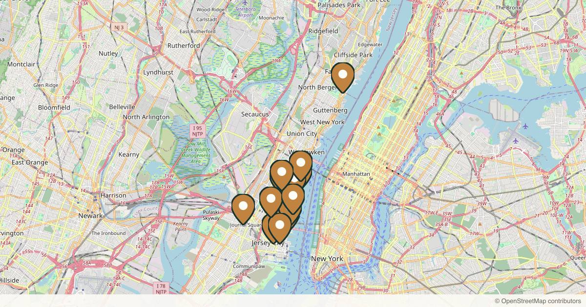 Map of 14 med spas and aesthetic clinics in Jersey City, New Jersey