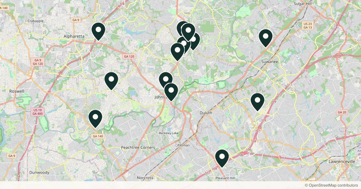 Map of med spas and aesthetic clinics in Johns Creek, Georgia