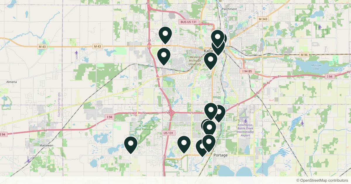 Map of 14 med spas and aesthetic clinics in Kalamazoo, Michigan