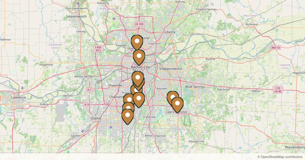 Map of 14 med spas and aesthetic clinics in Kansas City, Missouri