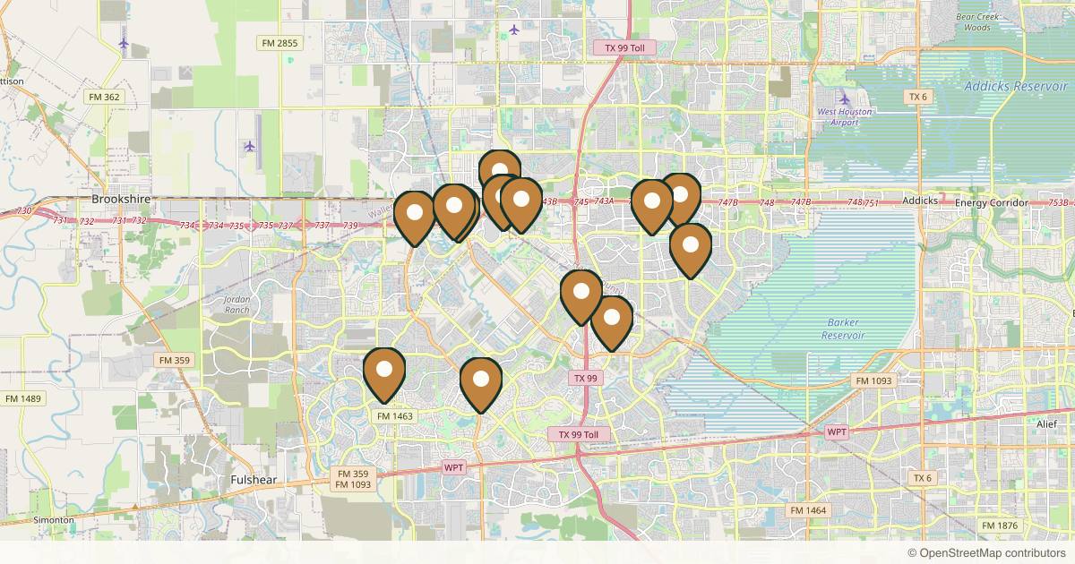Map of 14 med spas and aesthetic clinics in Katy, Texas