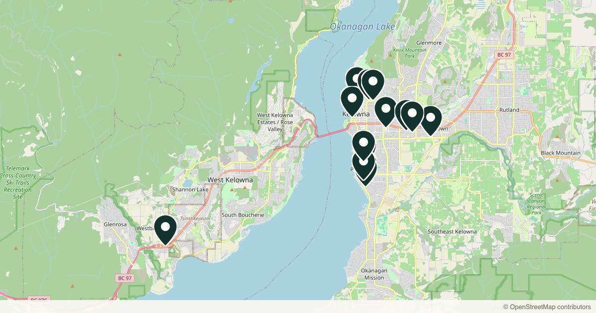 Map of 14 med spas and aesthetic clinics in Kelowna, British Columbia
