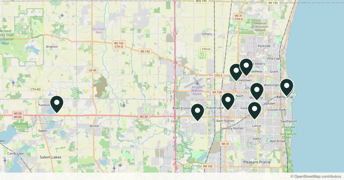 Map of 9 med spas and aesthetic clinics in Kenosha, Wisconsin