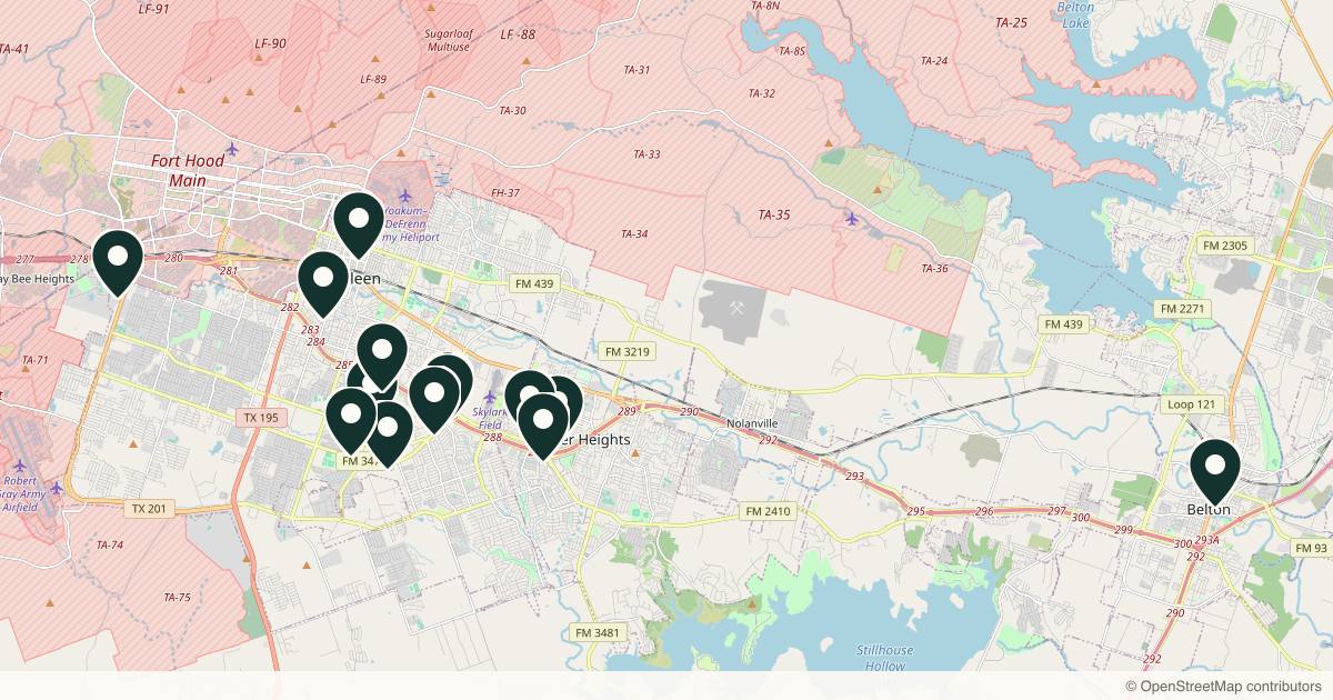 Map of 14 med spas and aesthetic clinics in Killeen, Texas