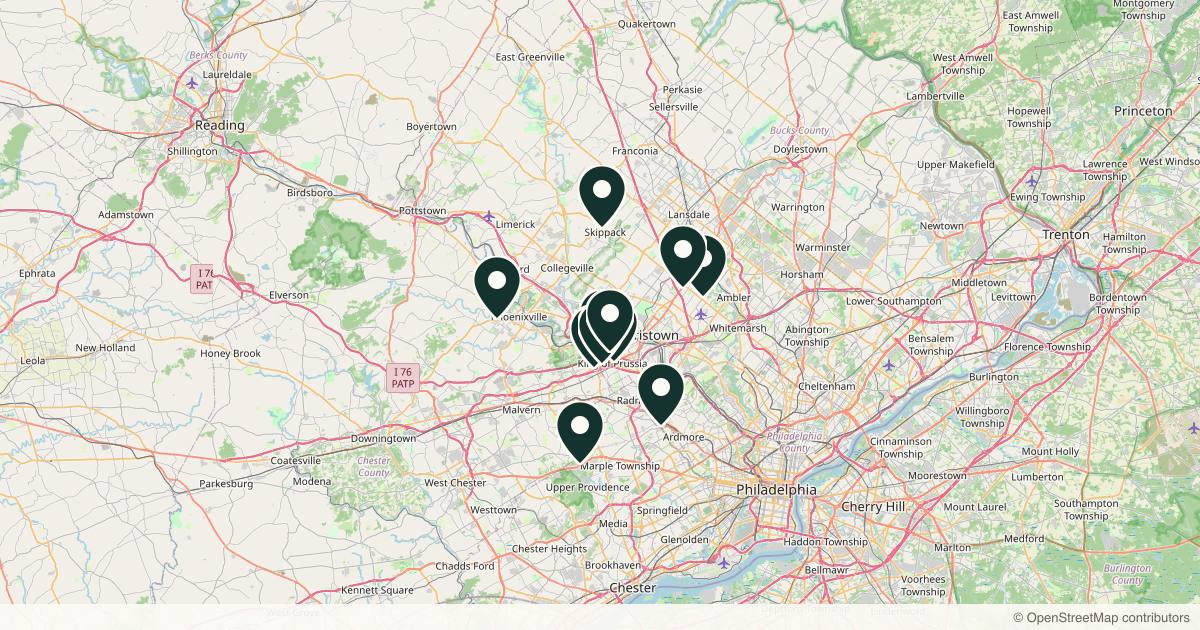 Map of 14 med spas and aesthetic clinics in King of Prussia, Pennsylvania