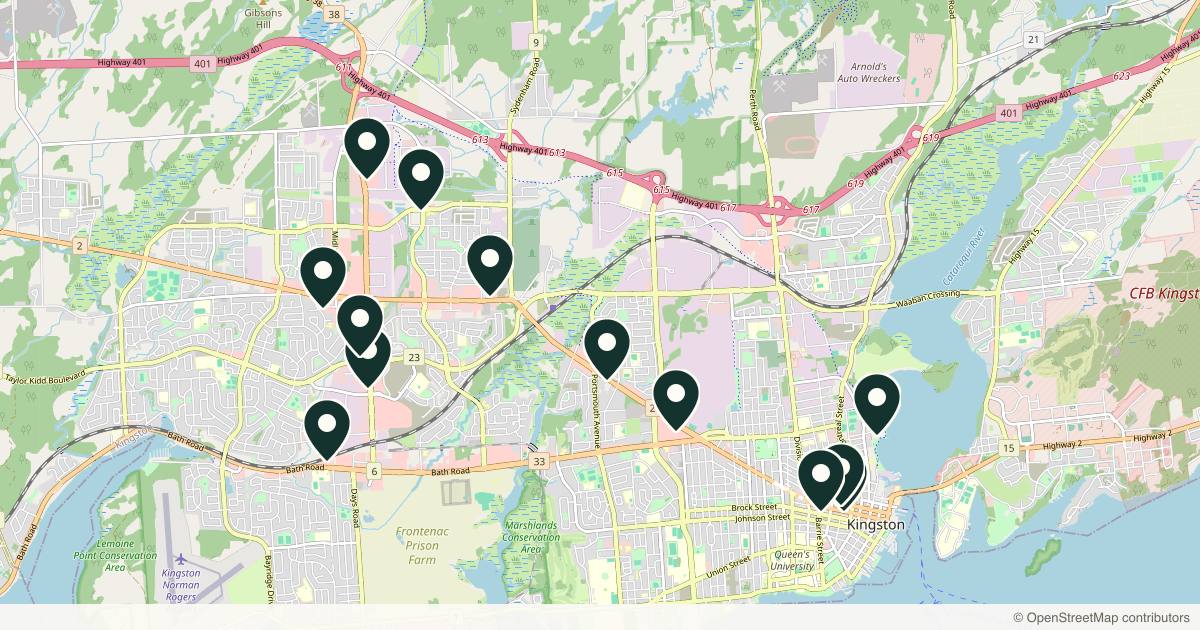 Map of 13 med spas and aesthetic clinics in Kingston, Ontario