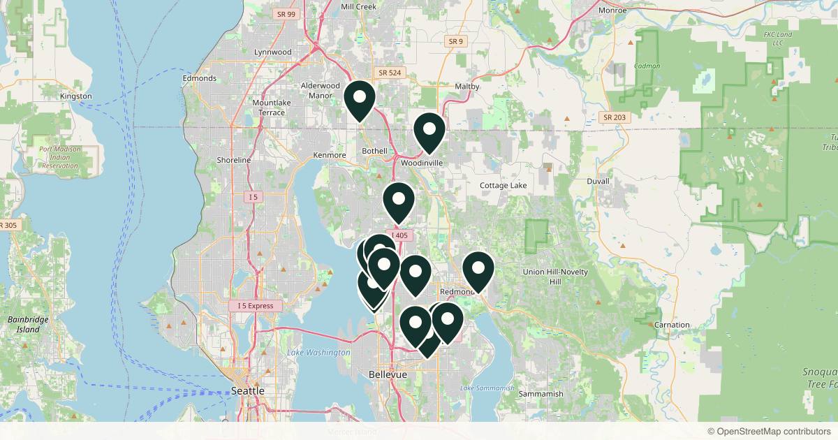 Map of 14 med spas and aesthetic clinics in Kirkland, Washington
