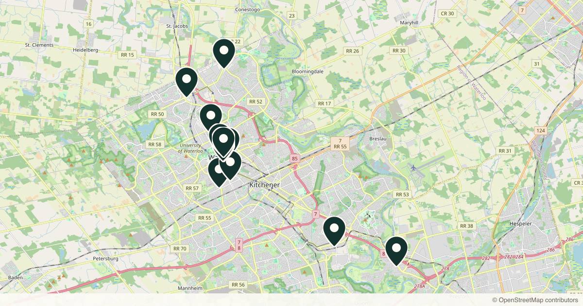 Map of 12 med spas and aesthetic clinics in Kitchener-Waterloo, Ontario