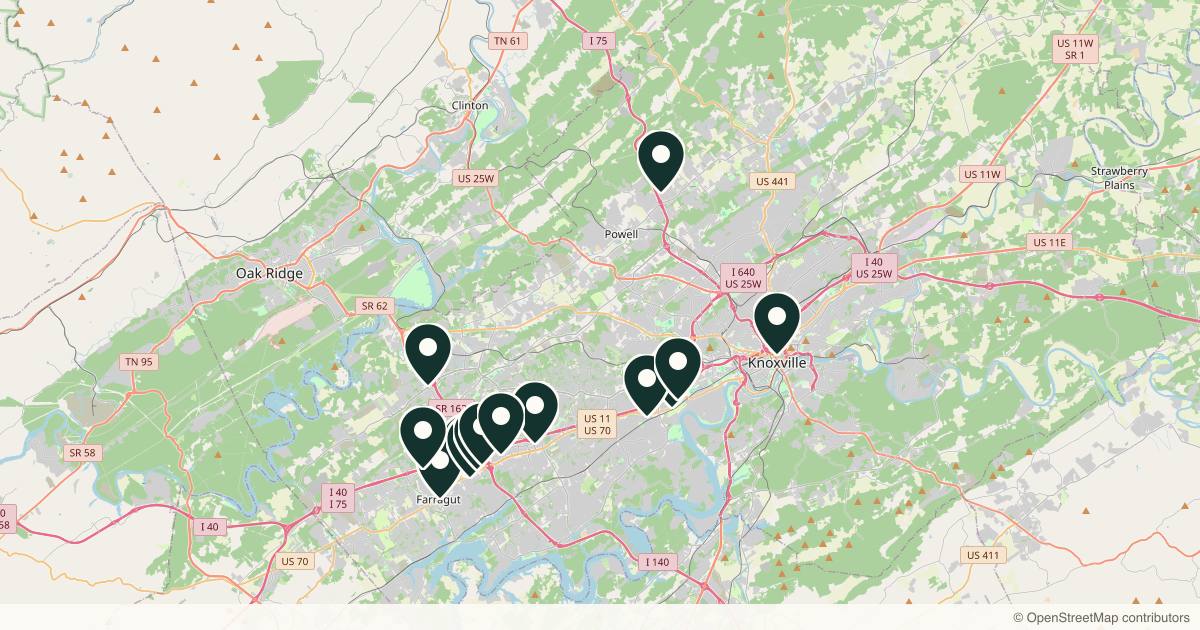 Map of 15 med spas and aesthetic clinics in Knoxville, Tennessee