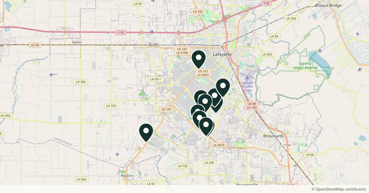 Map of 14 med spas and aesthetic clinics in Lafayette, Louisiana