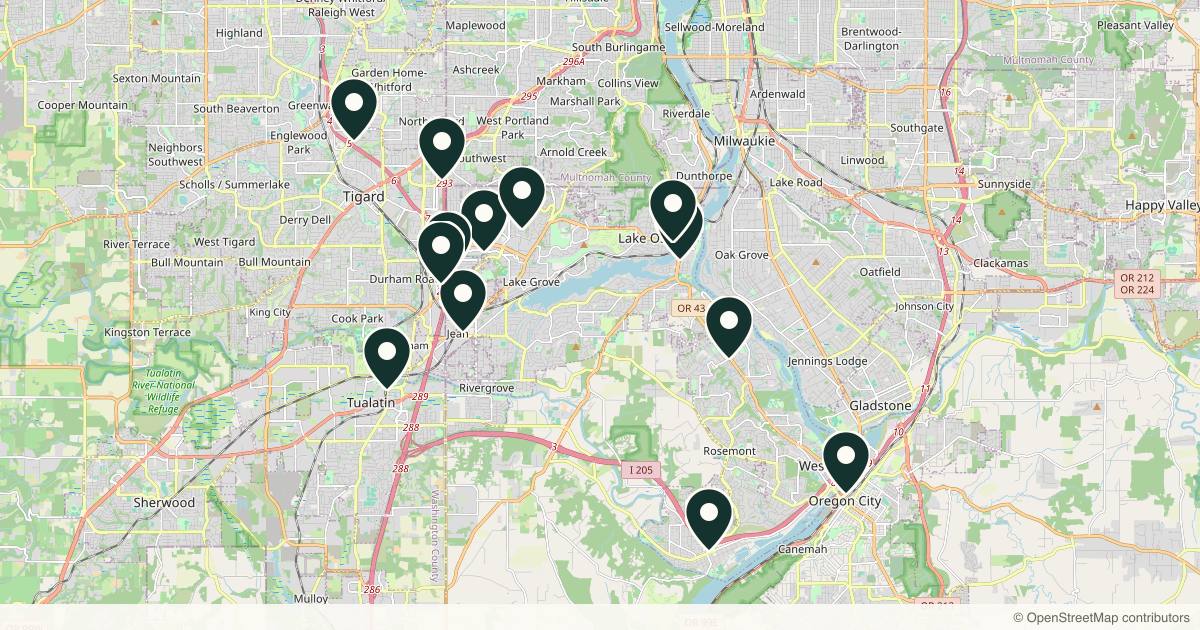 Map of 14 med spas and aesthetic clinics in Lake Oswego, Oregon