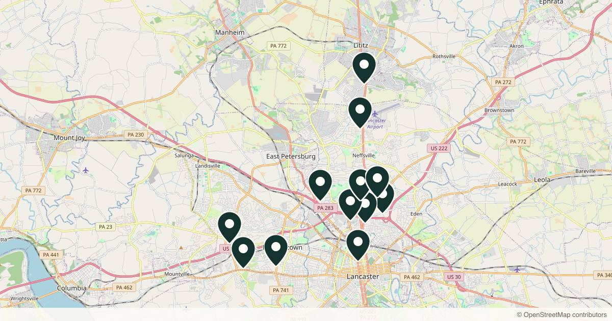 Map of 13 med spas and aesthetic clinics in Lancaster, Pennsylvania