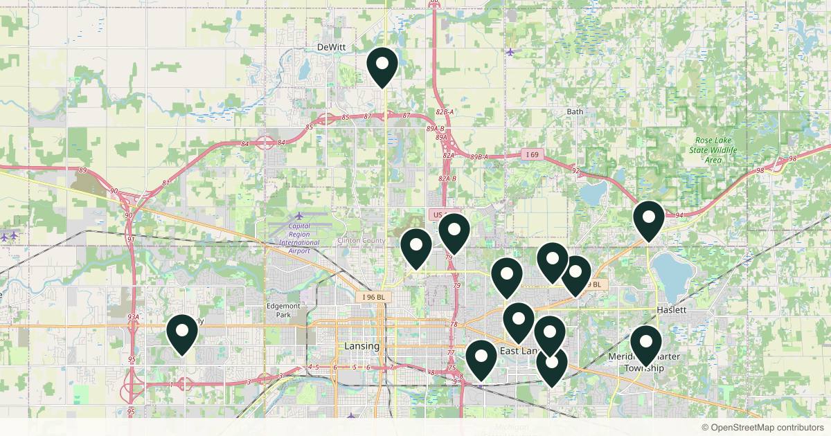 Map of 14 med spas and aesthetic clinics in Lansing, Michigan