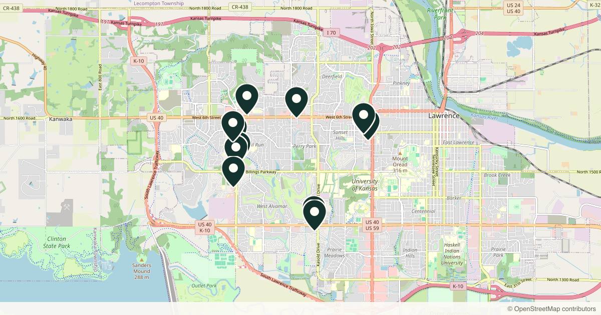 Map of 10 med spas and aesthetic clinics in Lawrence, Kansas