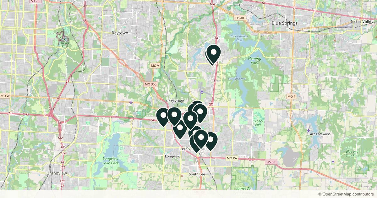 Map of 14 med spas and aesthetic clinics in Lee's Summit, Missouri