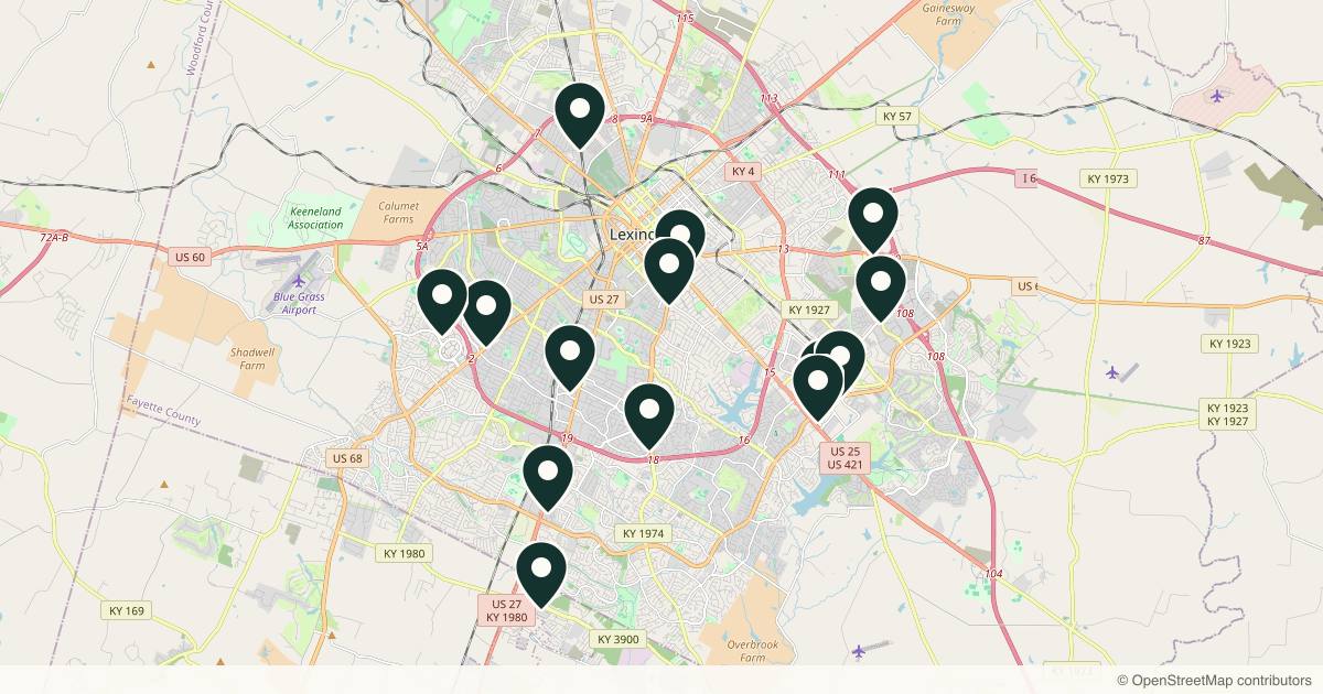 Map of 14 med spas and aesthetic clinics in Lexington, Kentucky
