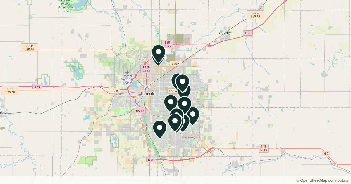 Map of 14 med spas and aesthetic clinics in Lincoln, Nebraska