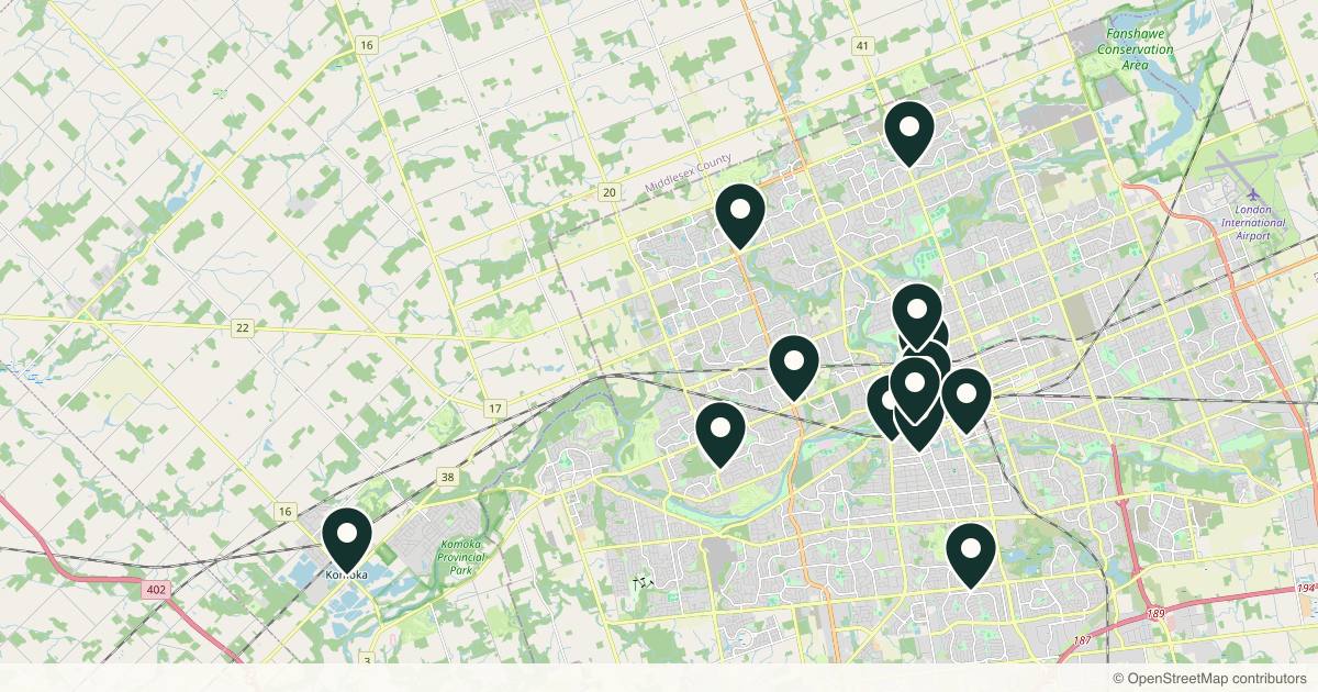 Map of 14 med spas and aesthetic clinics in London, Ontario